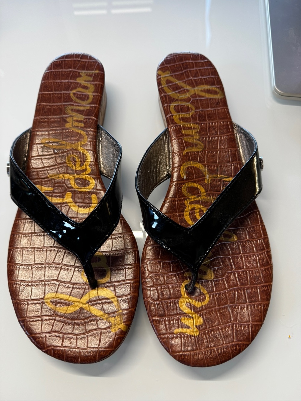 Sam Edelman Black Patent Thong Wedge Sandals Size 9